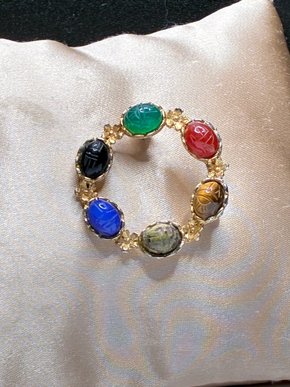 Vintage multi colored gemstone Scarab gold-tone brooch